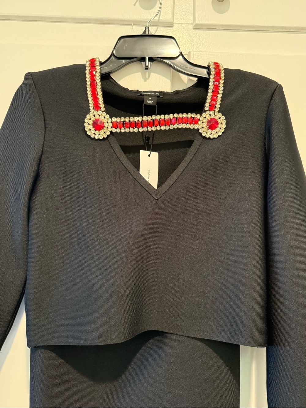 Karen Millen Embellished Black V-Neck Two Piece with Red & White Gem Trim